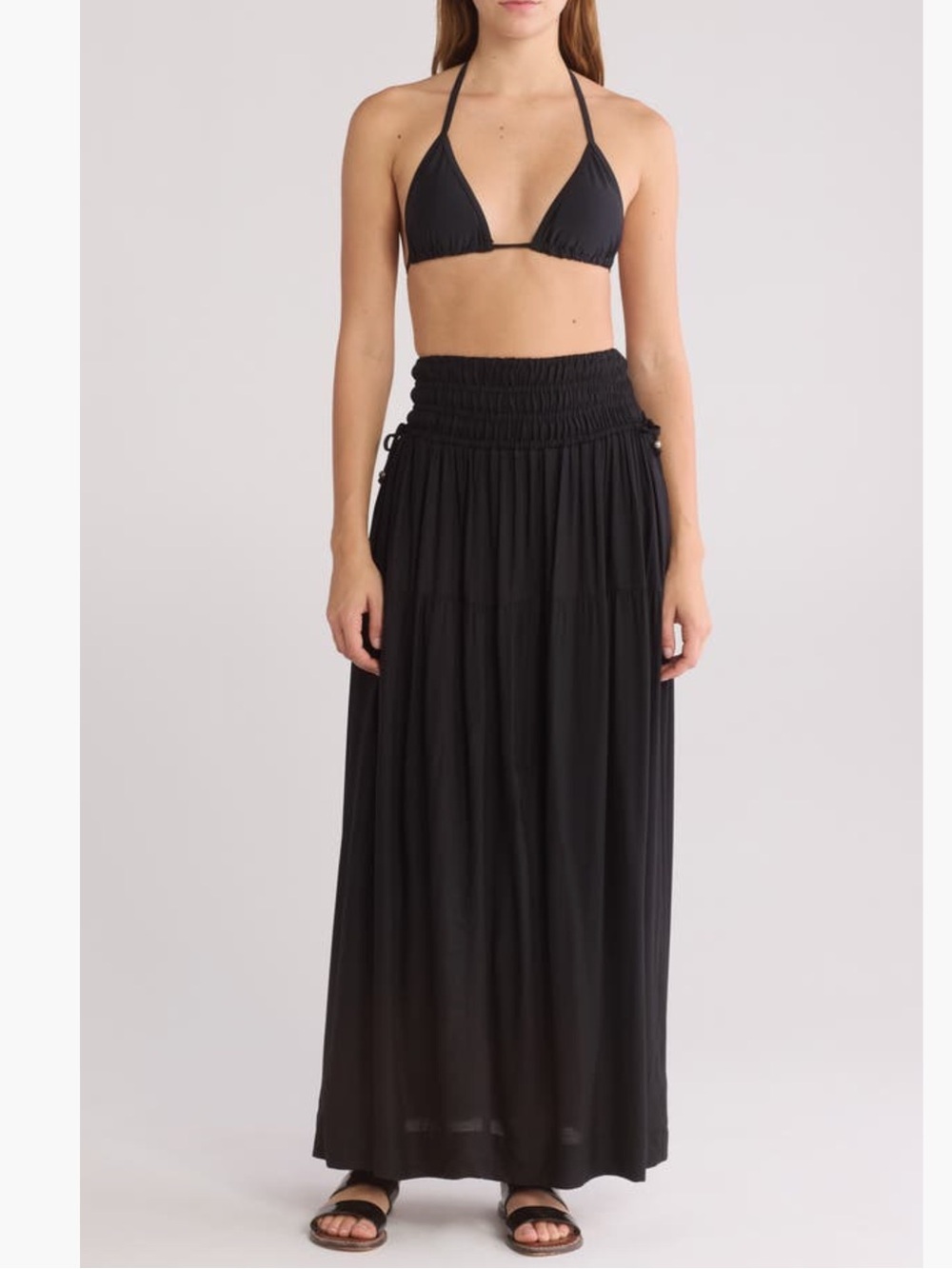 NWT Elan Smocked Waist Tiered Maxi Cover-Up Skirt Black Size M